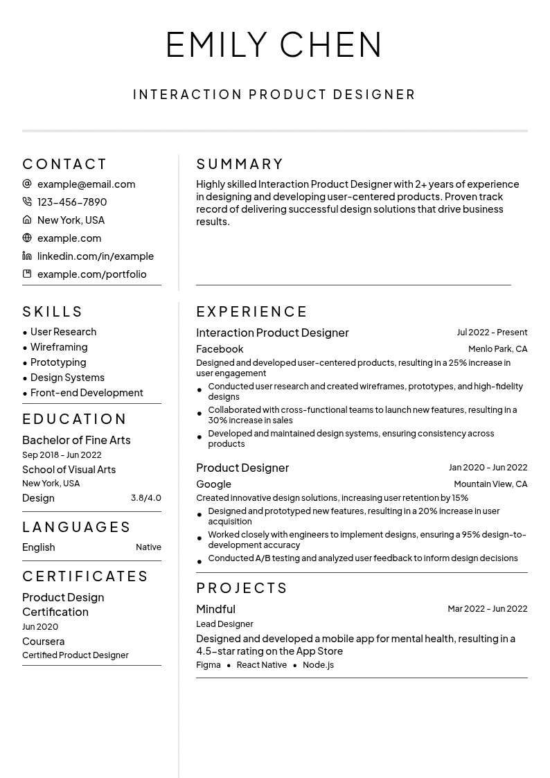 Interaction Product Designer resume example
