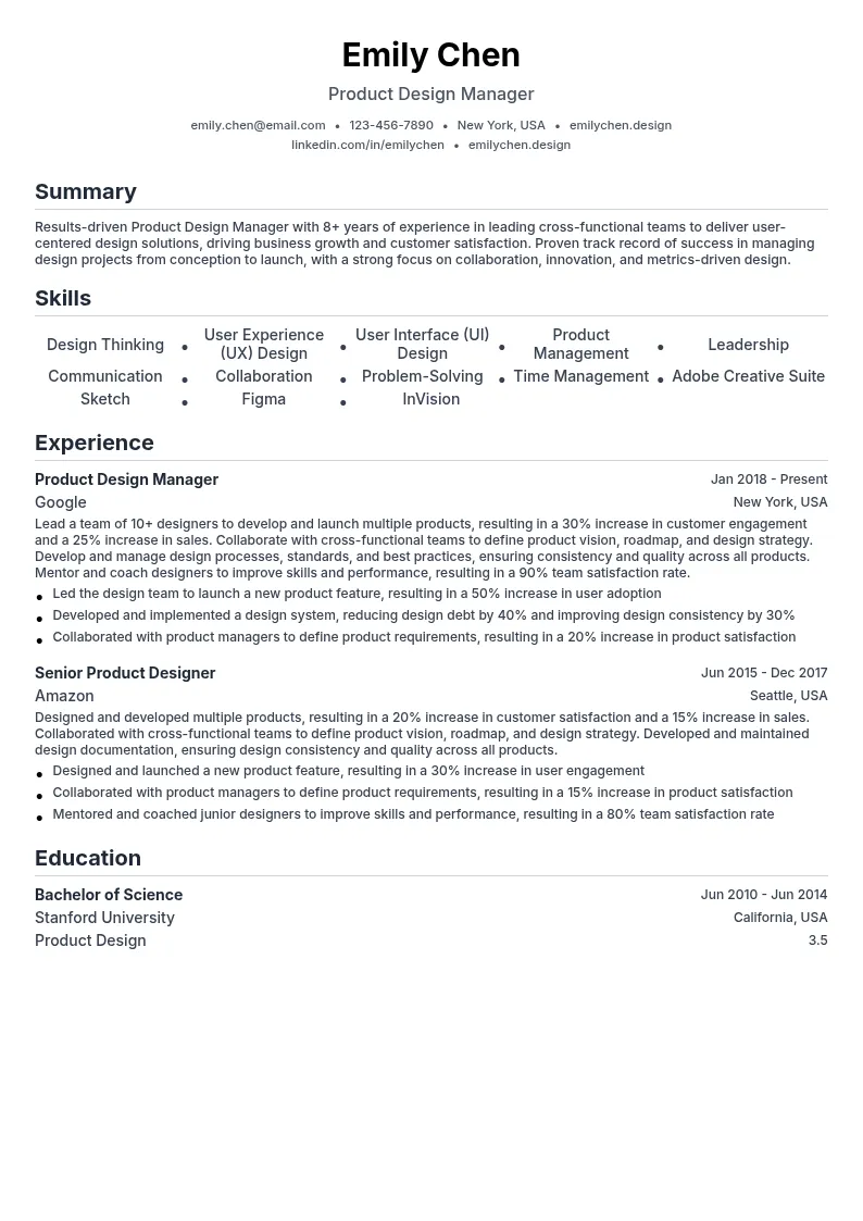 Product Design Manager resume example