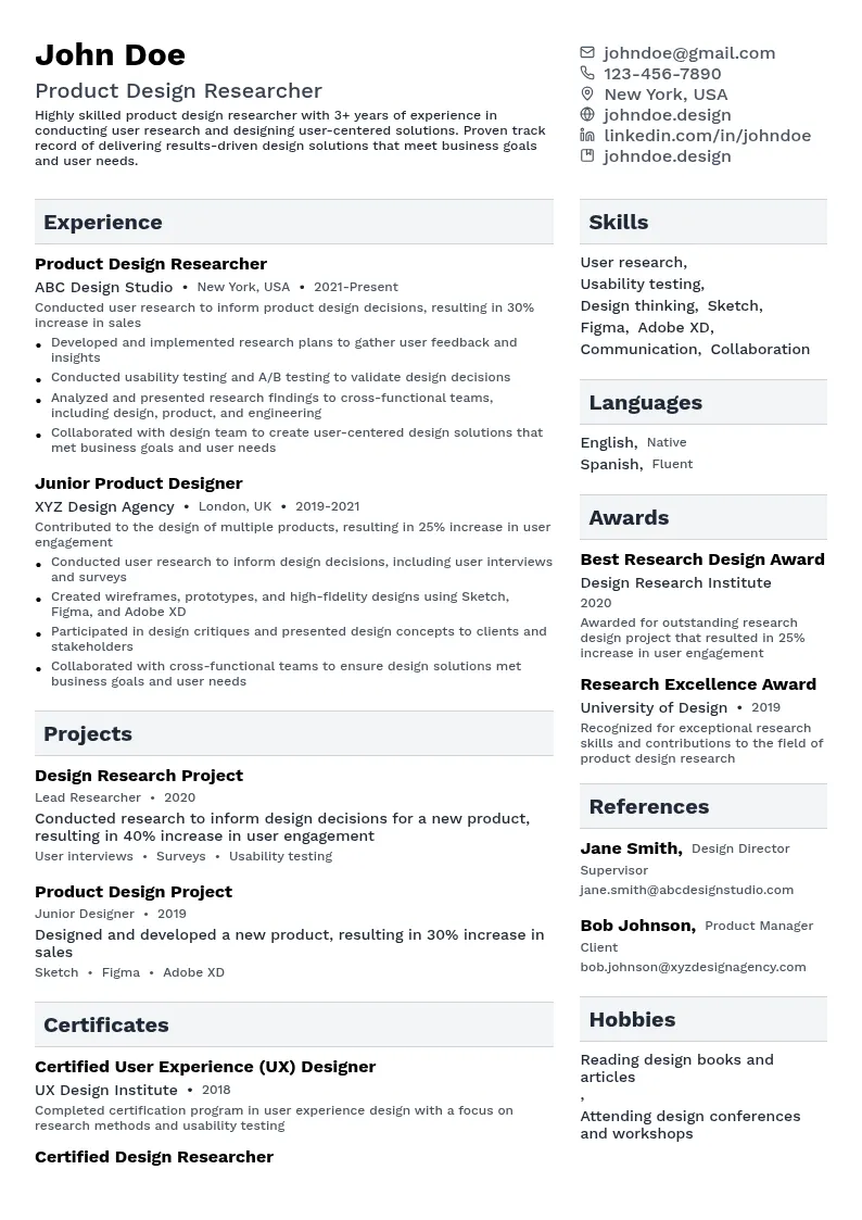 Product Design Researcher resume example