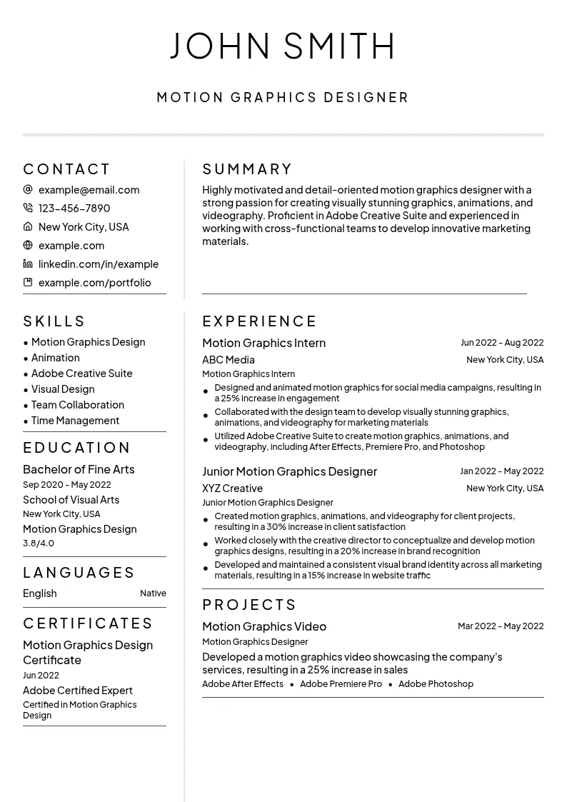 Motion Graphics Intern resume example
