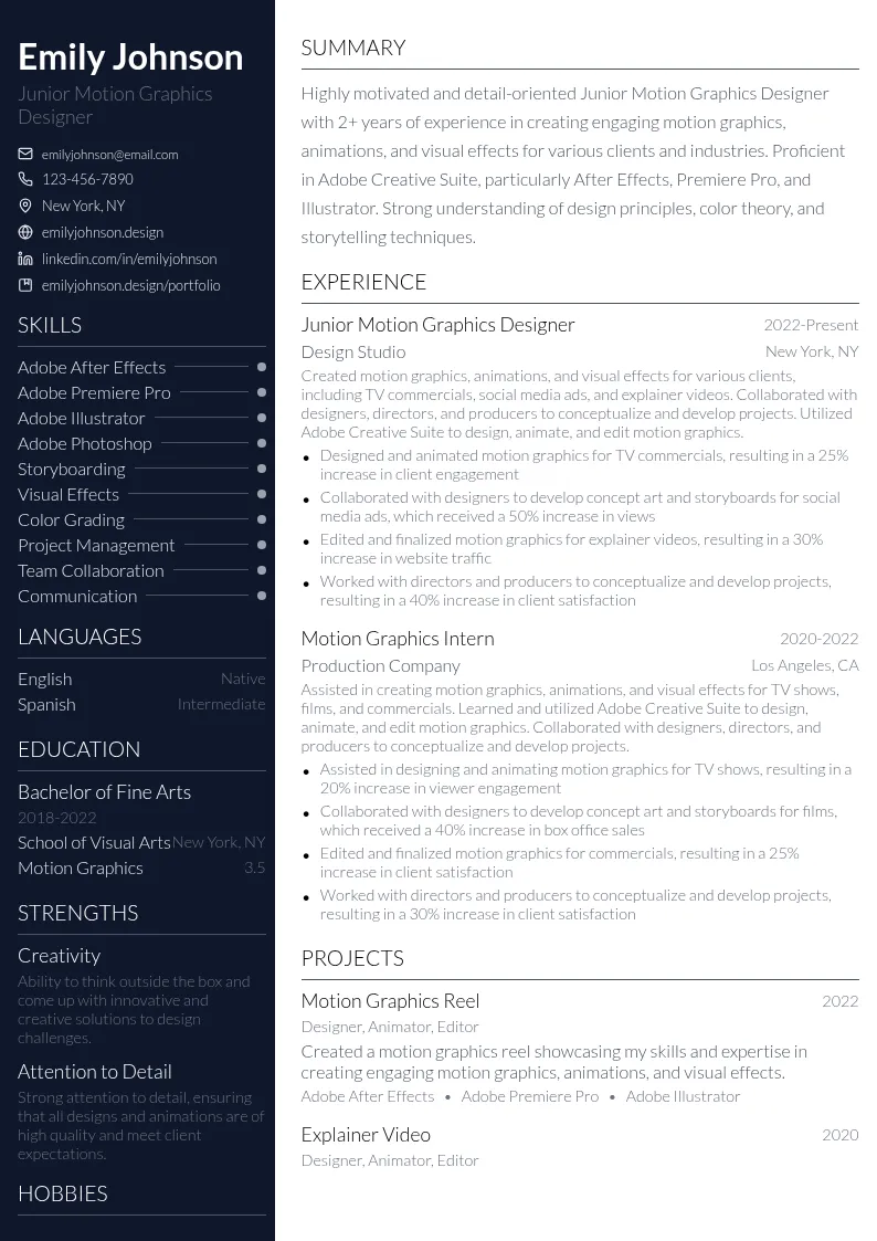 Junior Motion Graphics Designer resume example