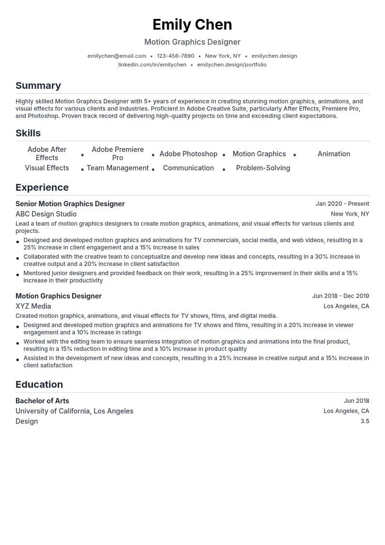 Motion Graphics Designer resume example