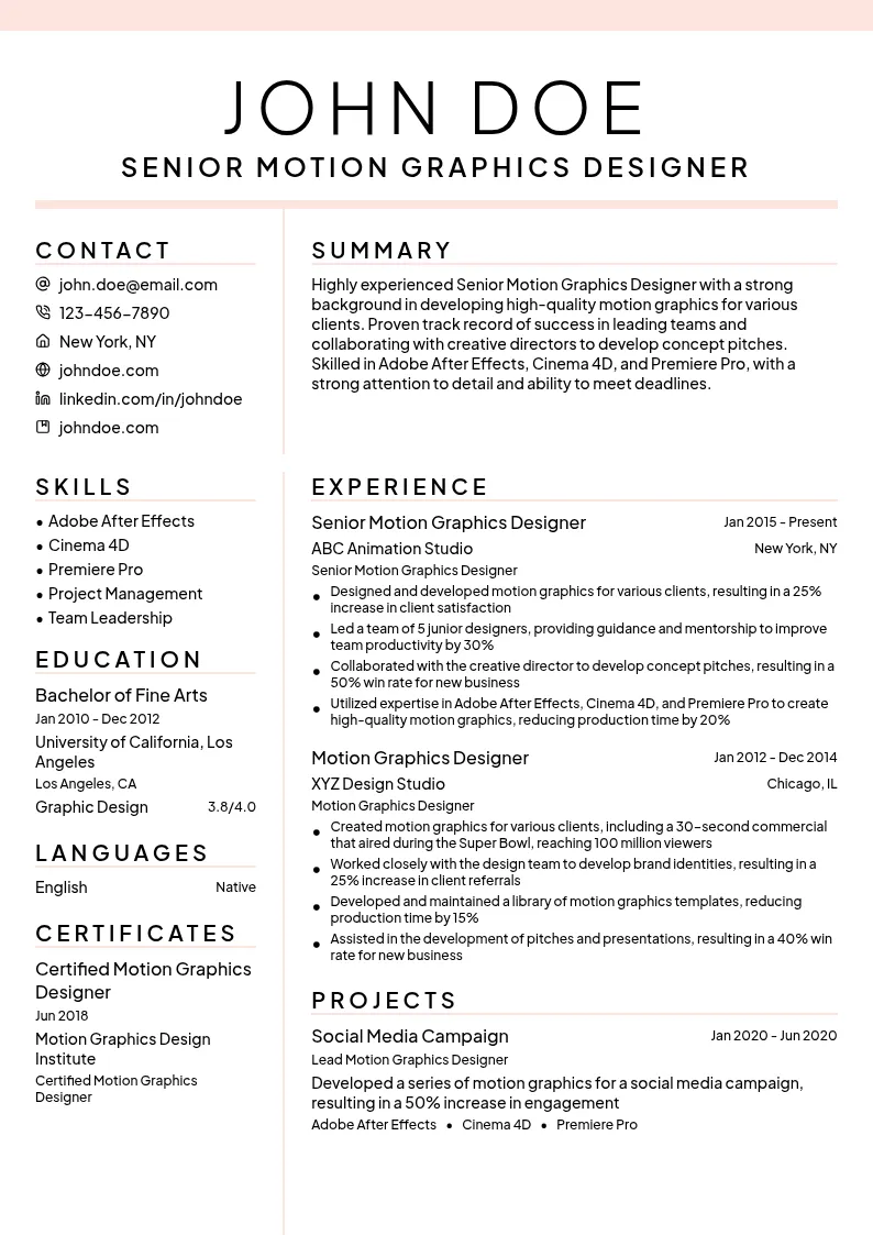 Senior Motion Graphics Designer resume example
