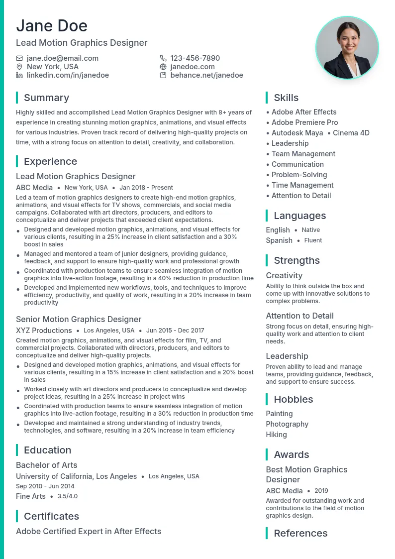 Lead Motion Graphics Designer resume example