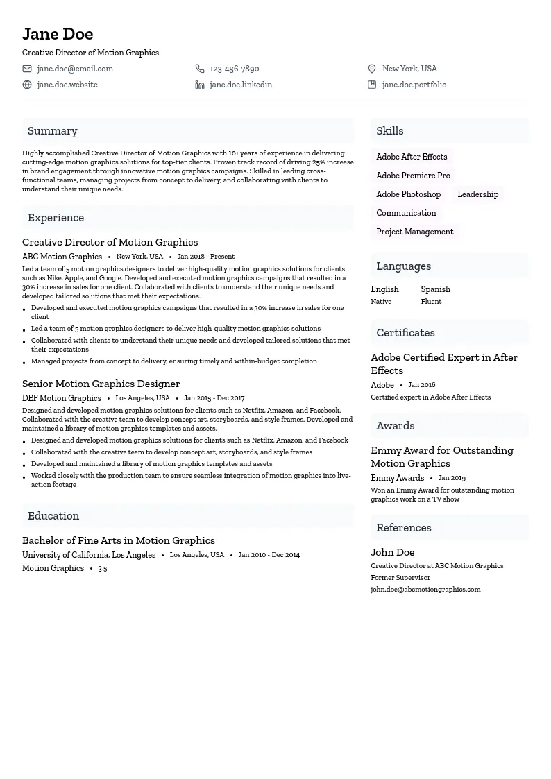 Creative Director of Motion Graphics resume example