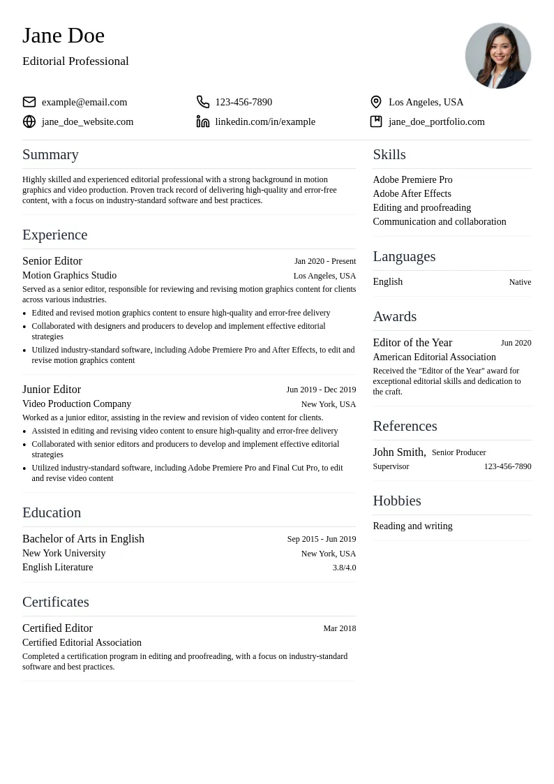 Editorial resume example