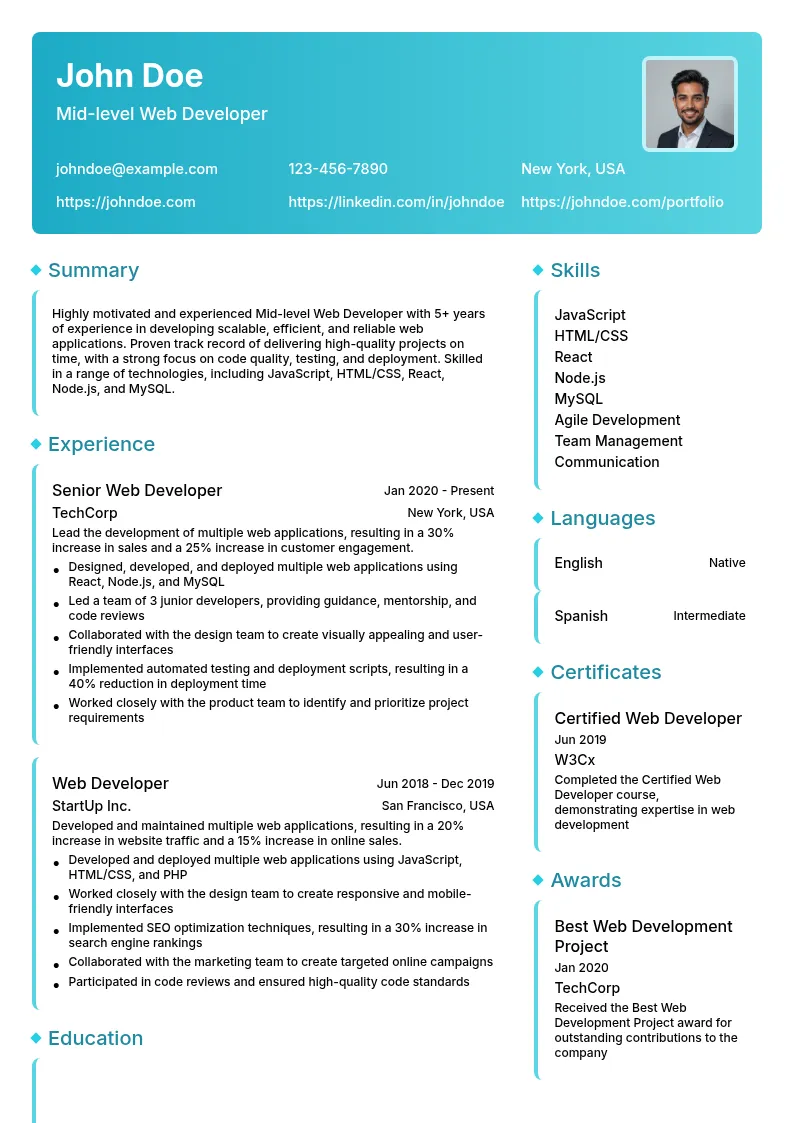 Mid-level Web Developer resume example
