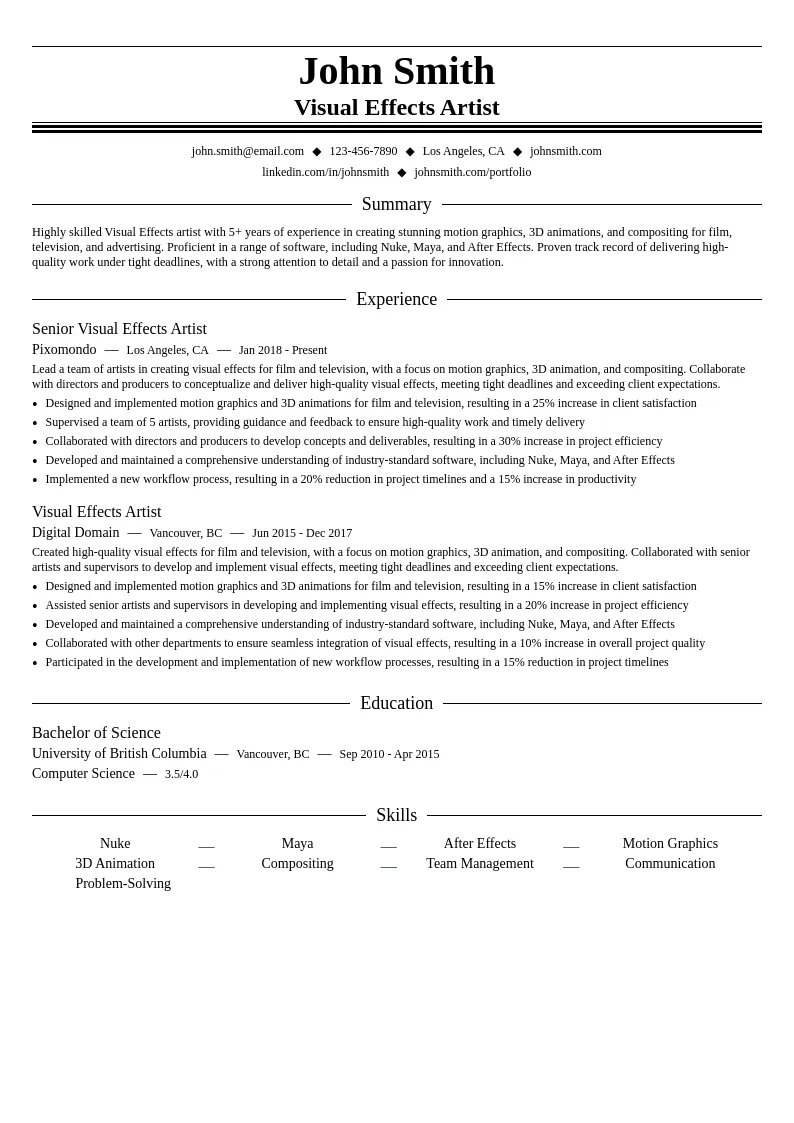Visual Effects resume example
