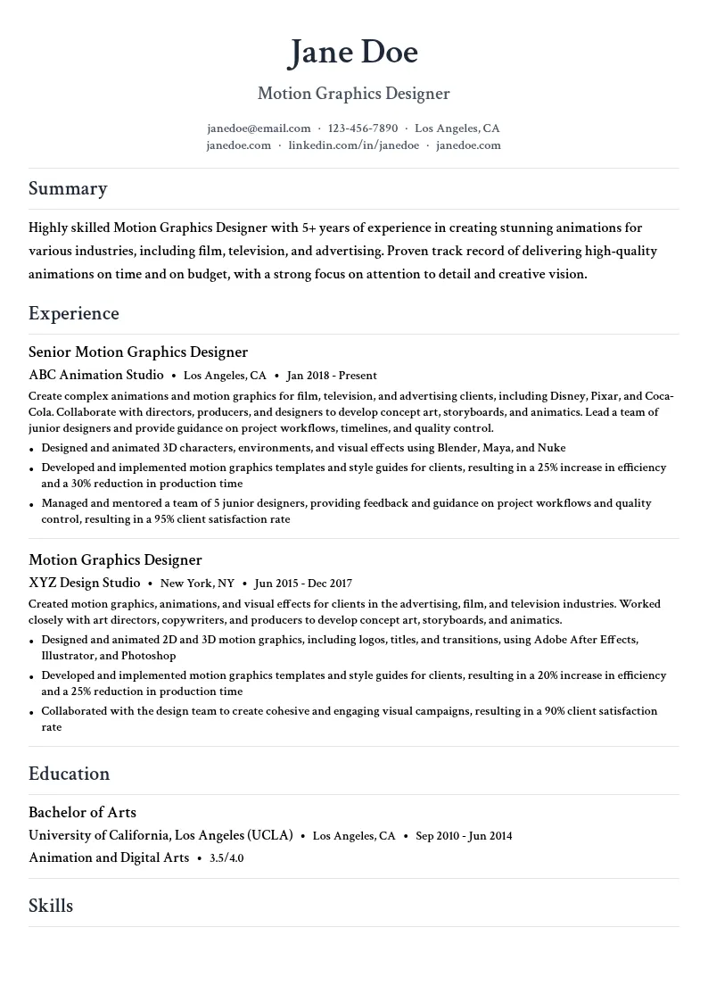 Animation resume example