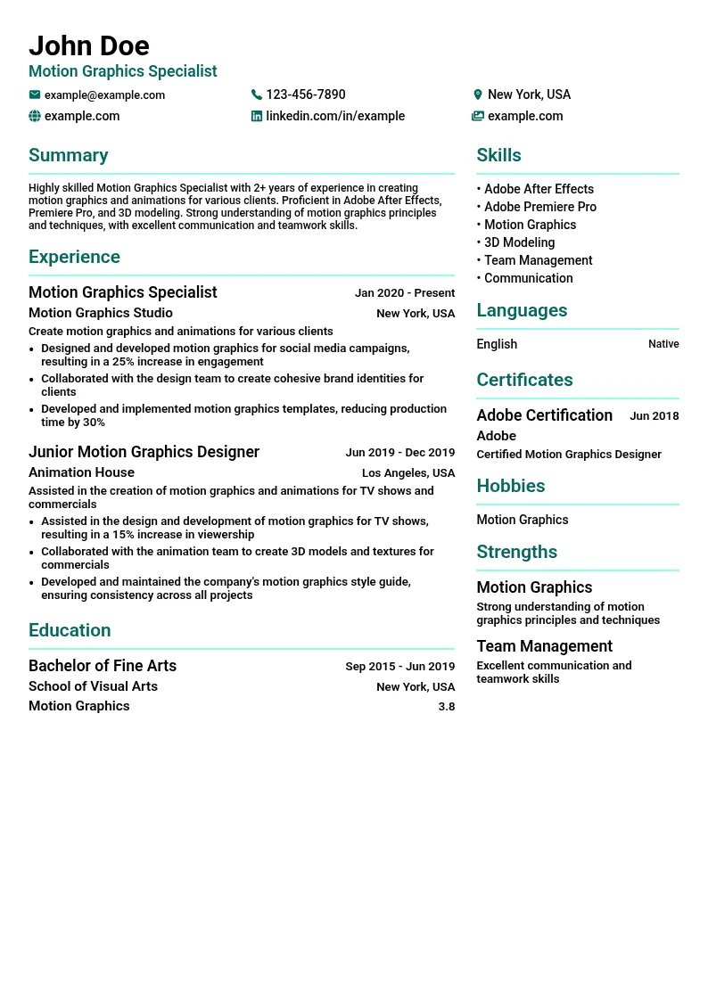 Motion Graphics Specialist resume example
