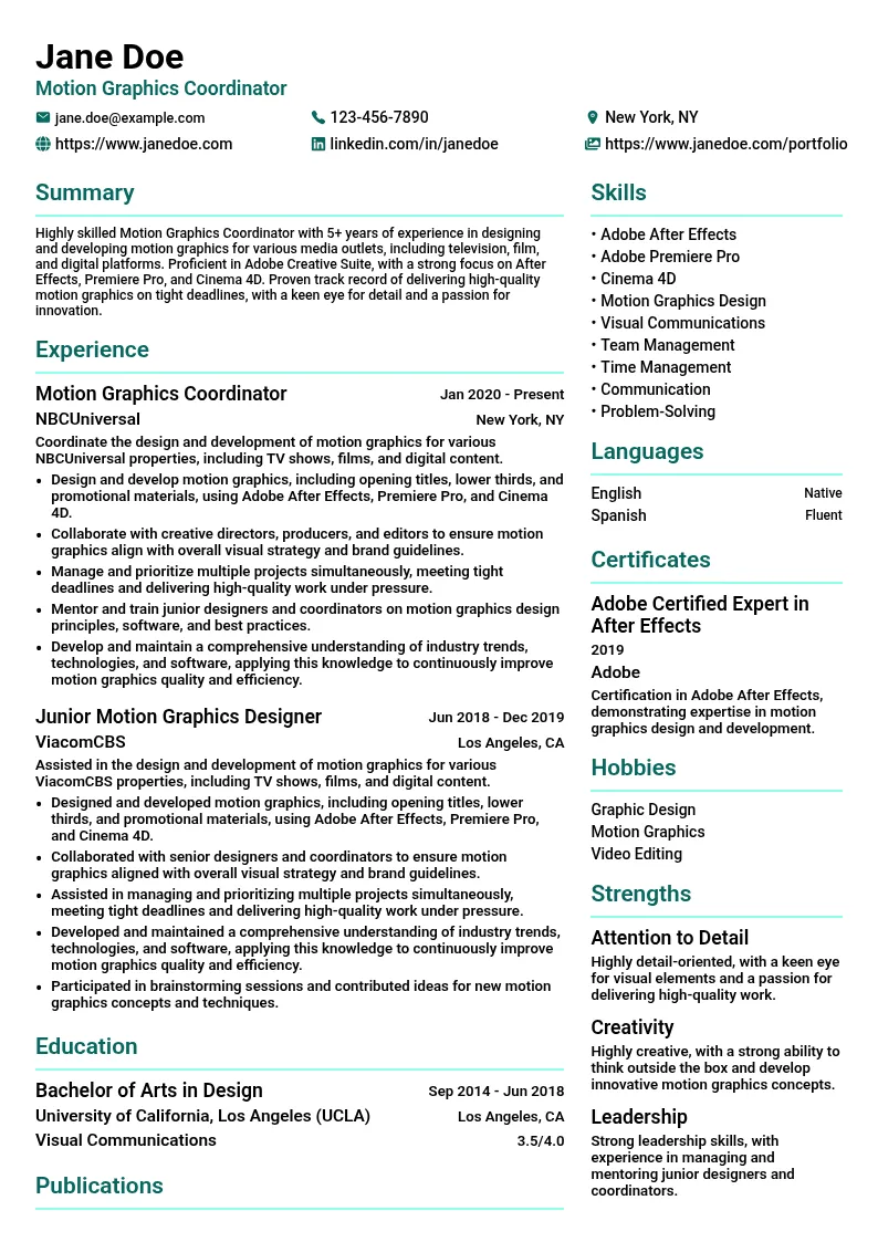 Motion Graphics Coordinator resume example