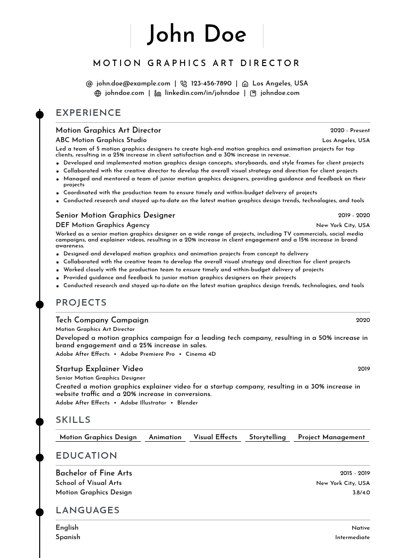 Motion Graphics Art Director resume example