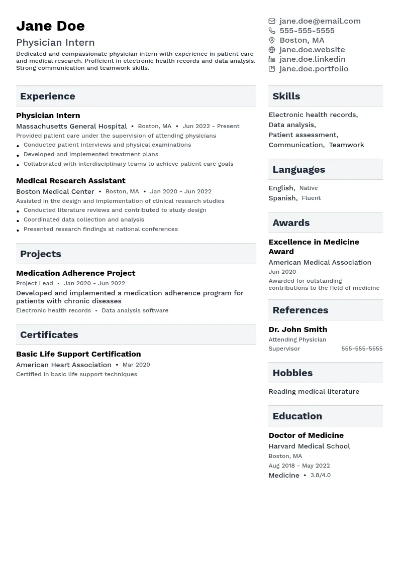 Physician Intern resume example