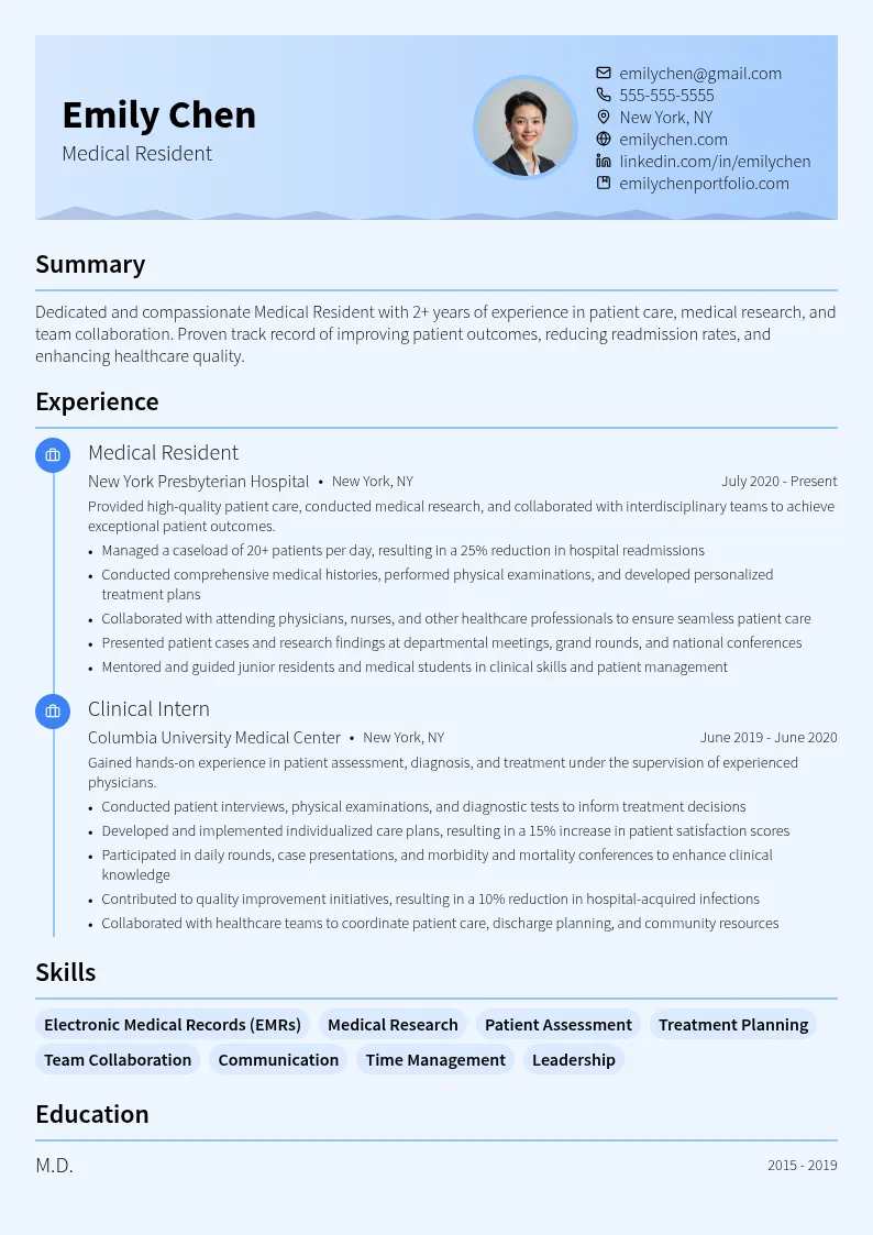 Medical Resident resume example