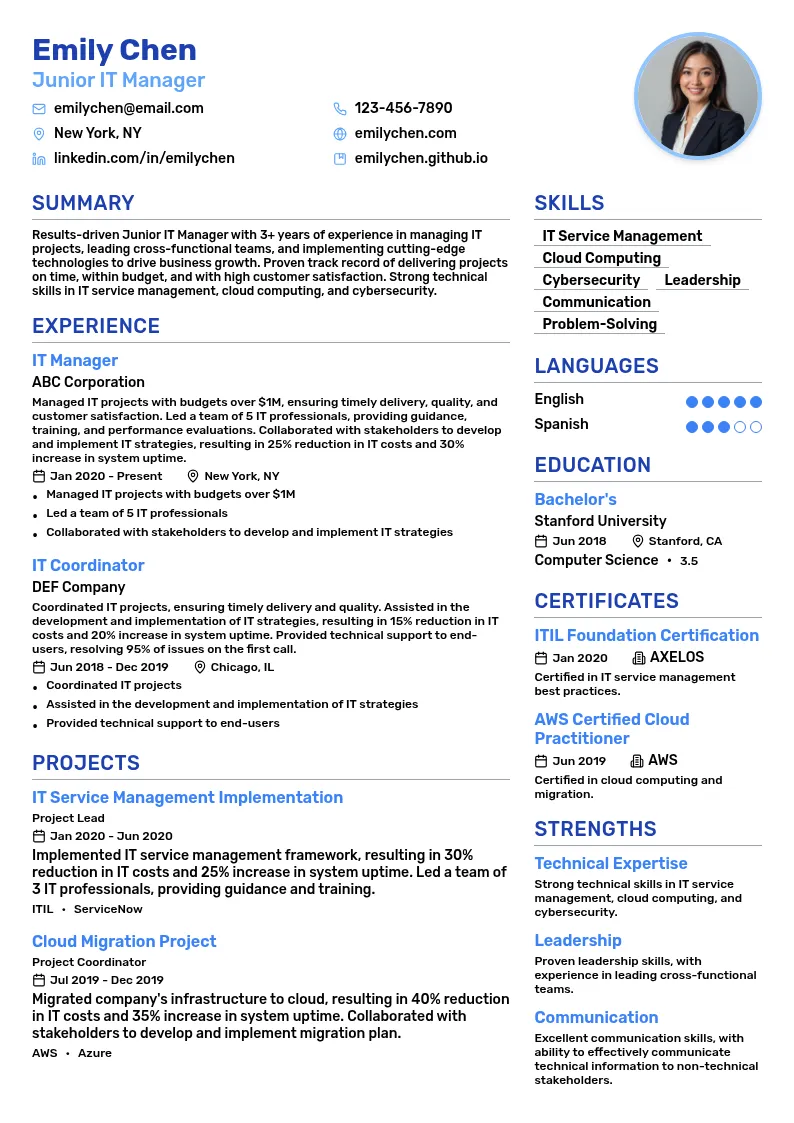 Junior IT Manager resume example