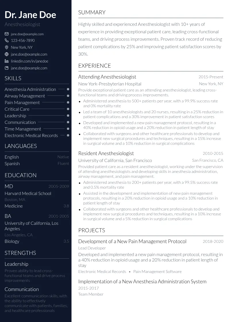 Anesthesiologist resume example