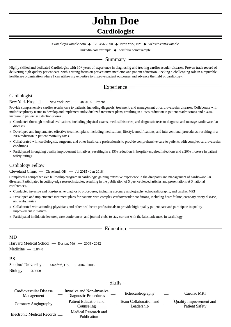 Cardiologist resume example