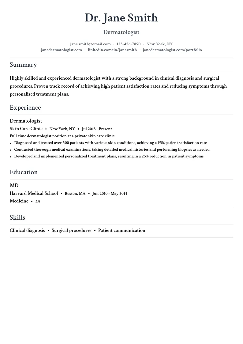 Dermatologist resume example