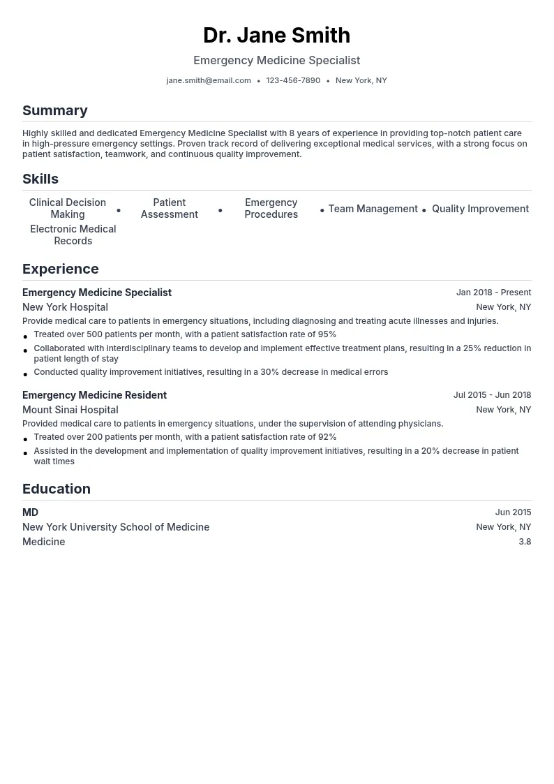 Emergency Medicine Specialist resume example