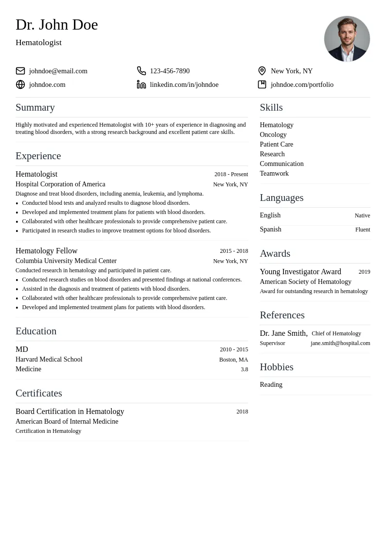 Hematologist resume example