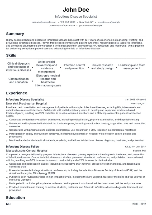 Infectious Disease Specialist resume example
