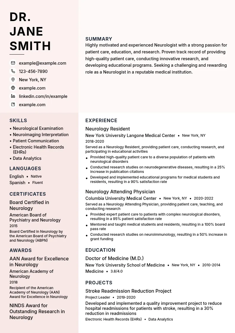 Neurologist resume example
