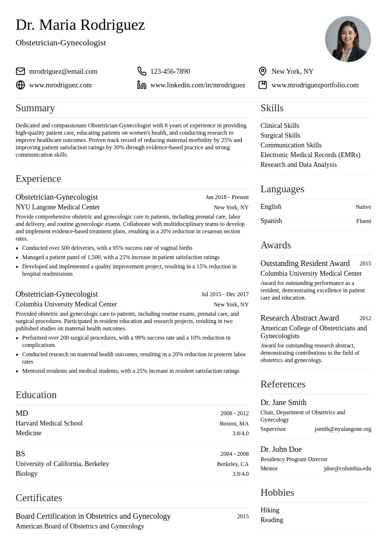 Obstetrician-Gynecologist resume example