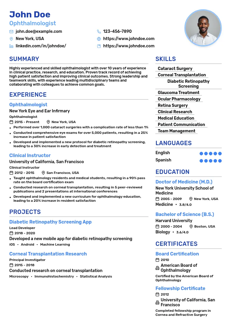 Ophthalmologist resume example