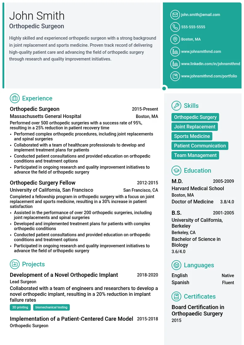Orthopedic Surgeon resume example