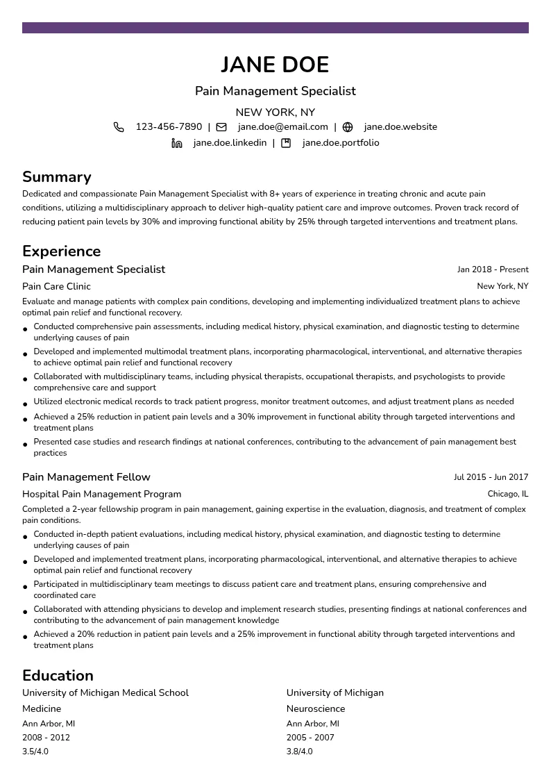 Pain Management Specialist resume example