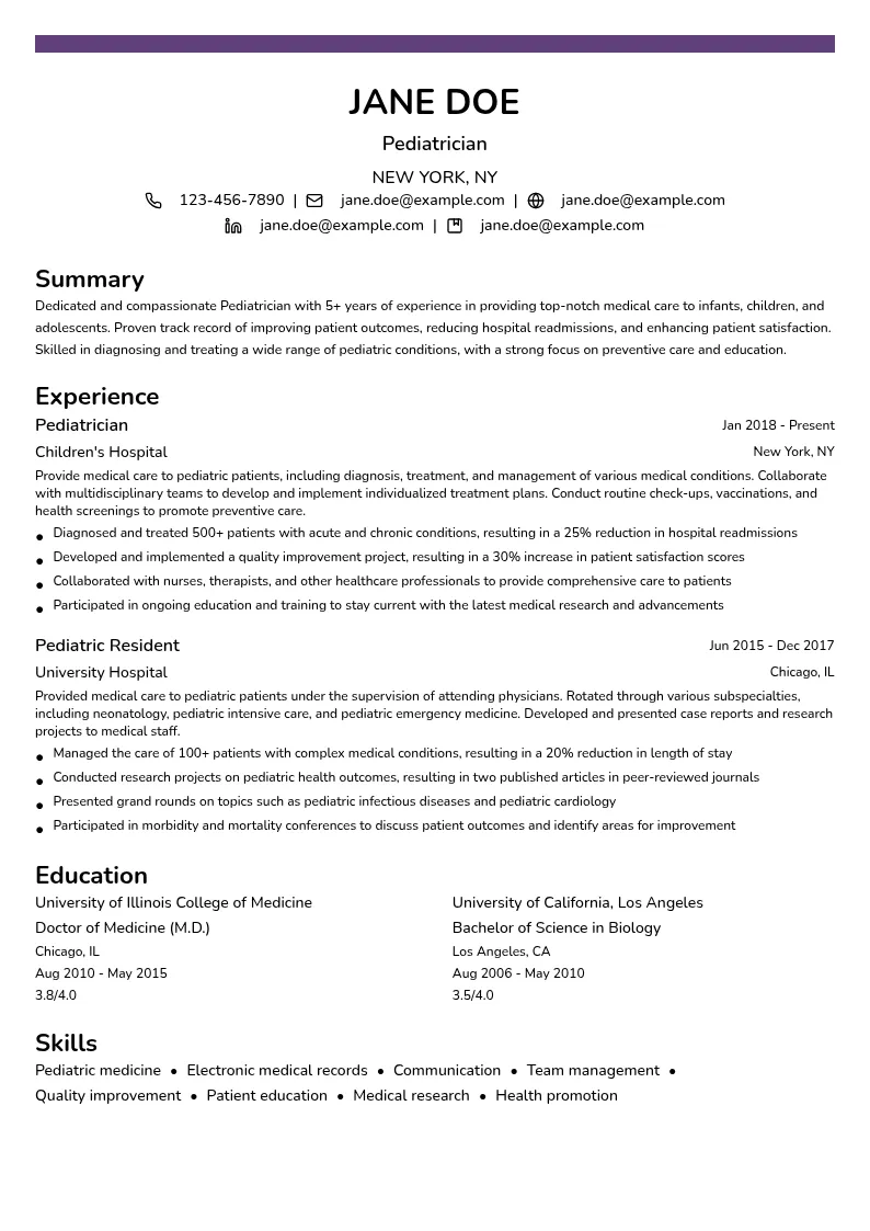 Pediatrician resume example