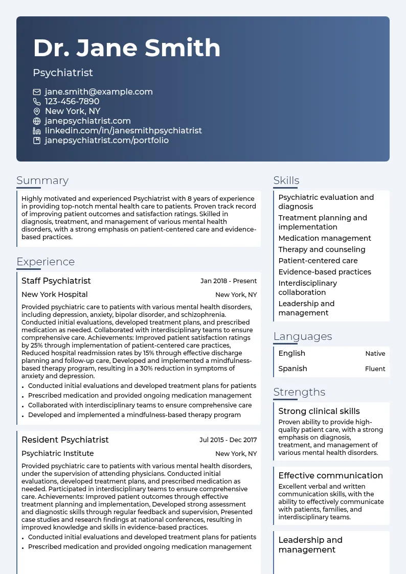 Psychiatrist resume example