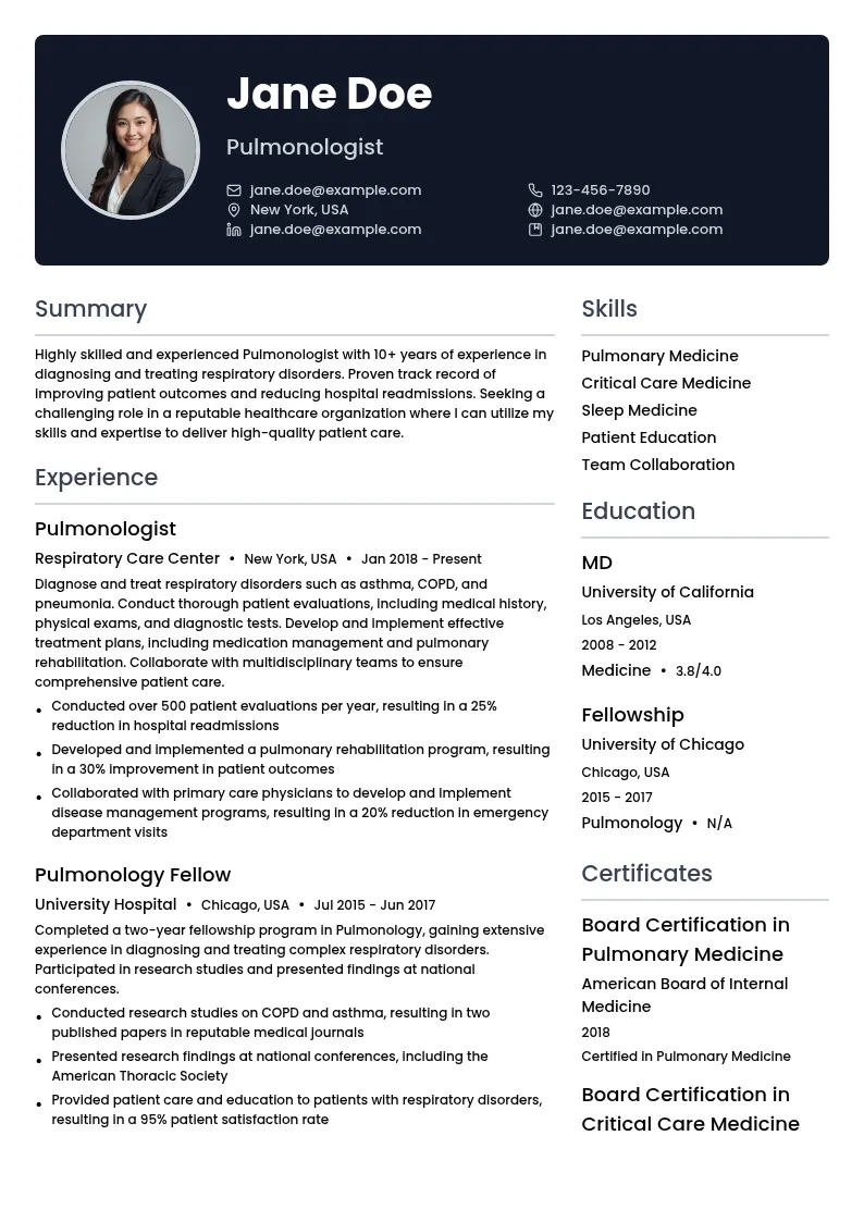 Pulmonologist resume example