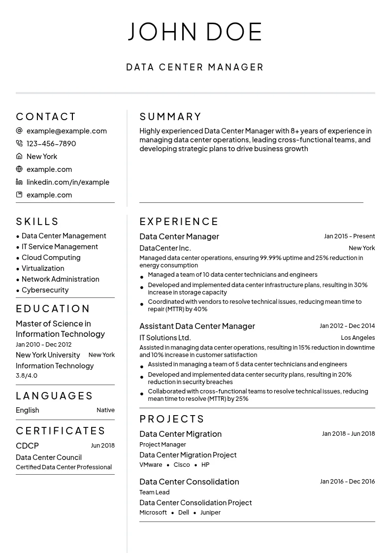 Data Center Manager resume example