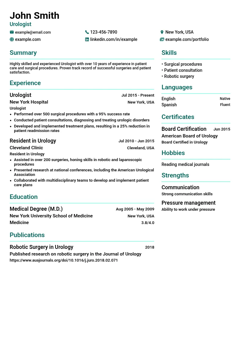 Urologist resume example