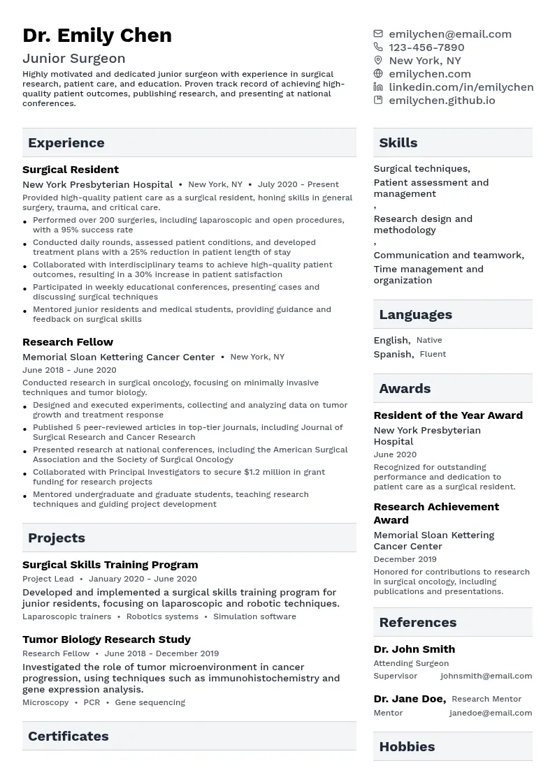 Junior Surgeon resume example