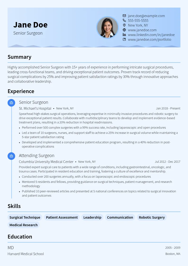 Senior Surgeon resume example