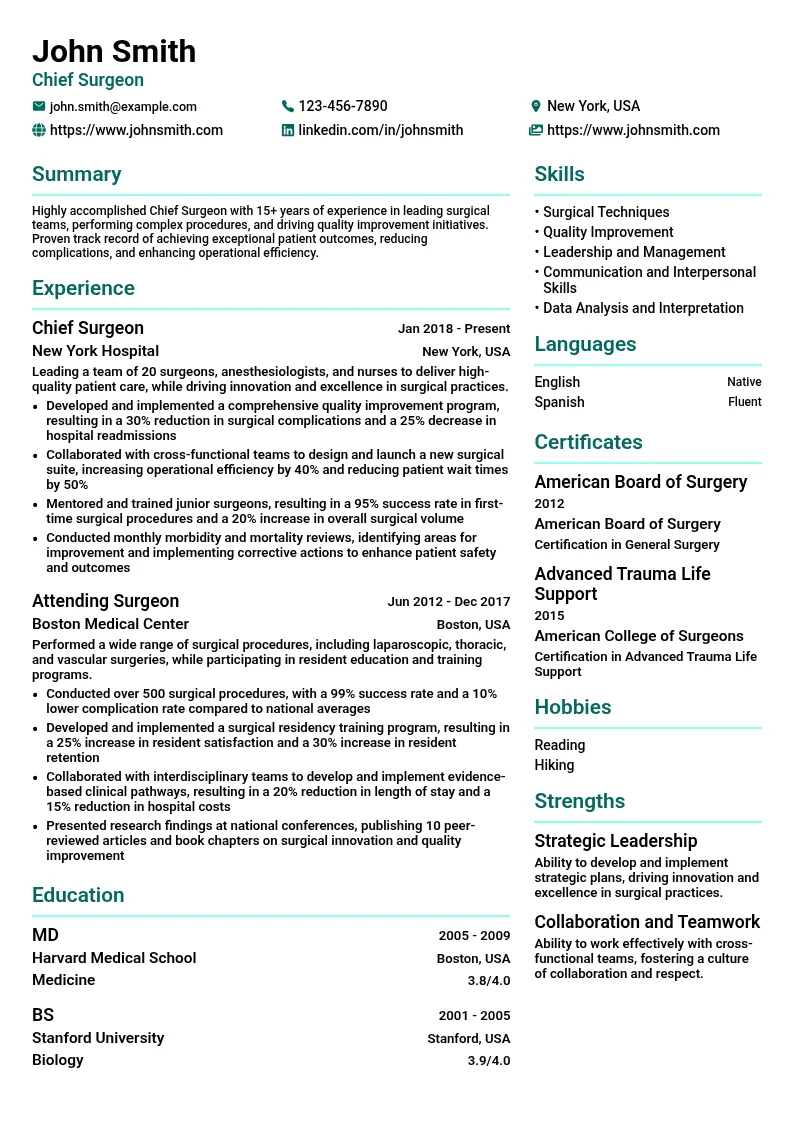 Chief Surgeon resume example