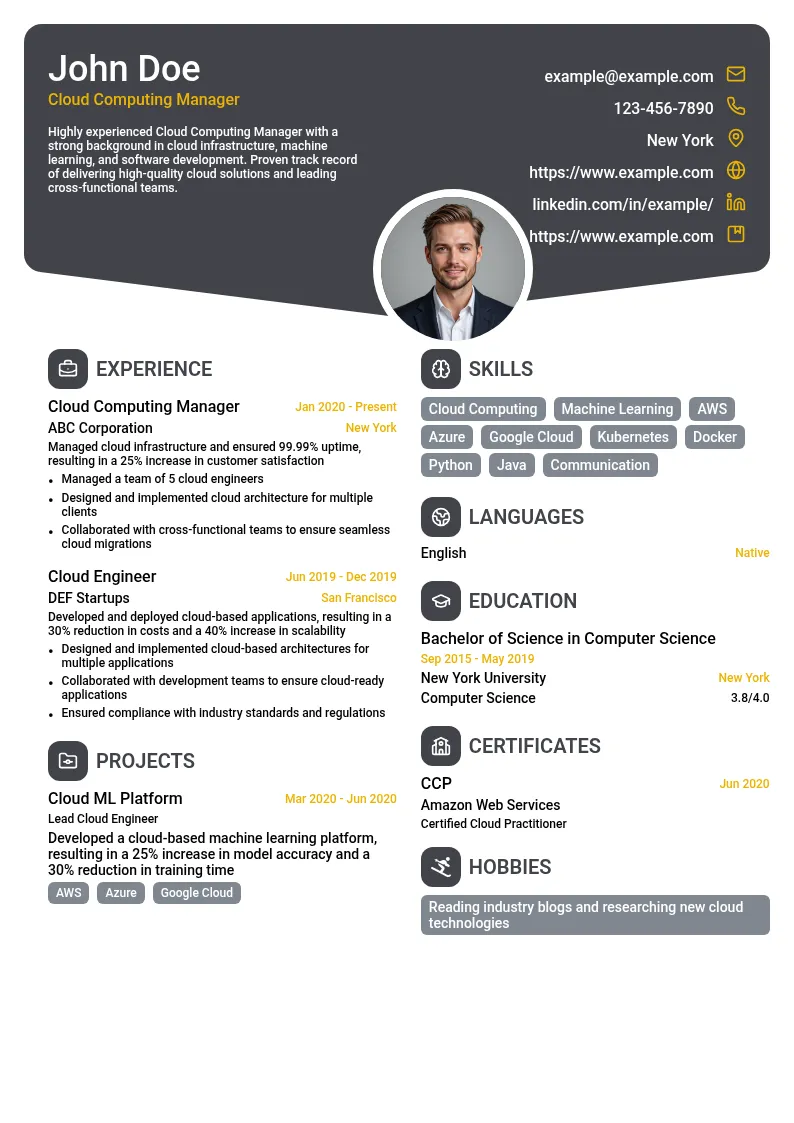 Cloud Computing Manager resume example