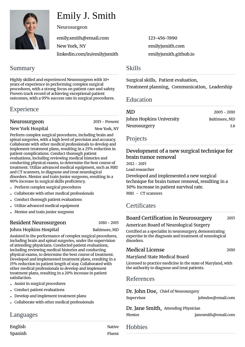 Neurosurgeon resume example