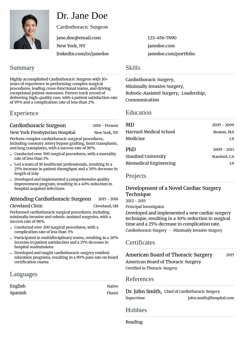 Cardiothoracic Surgeon resume example