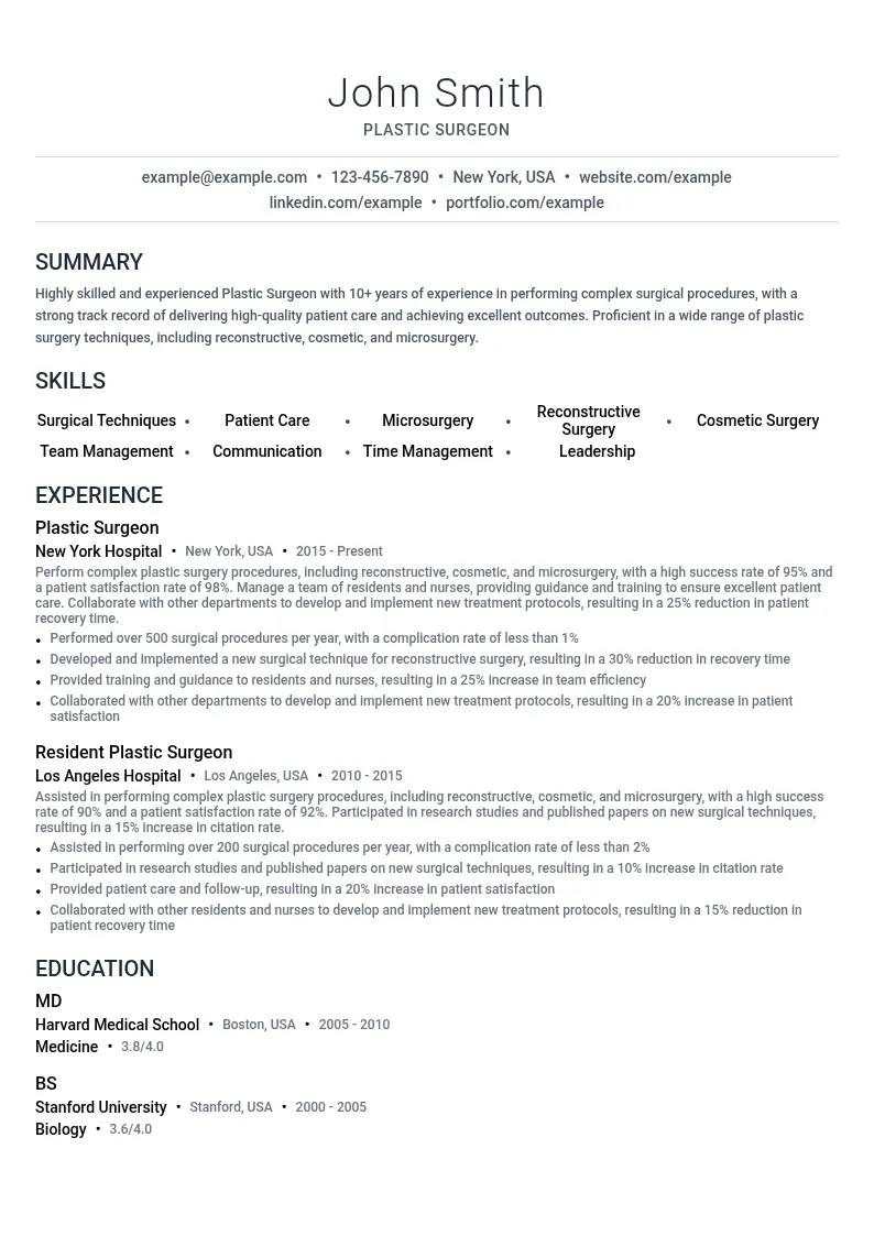 Plastic Surgeon resume example