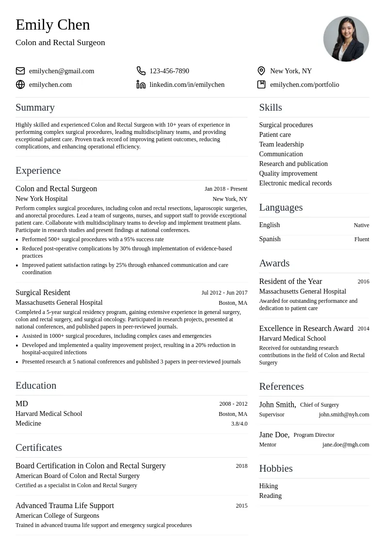 Colon and Rectal Surgeon resume example