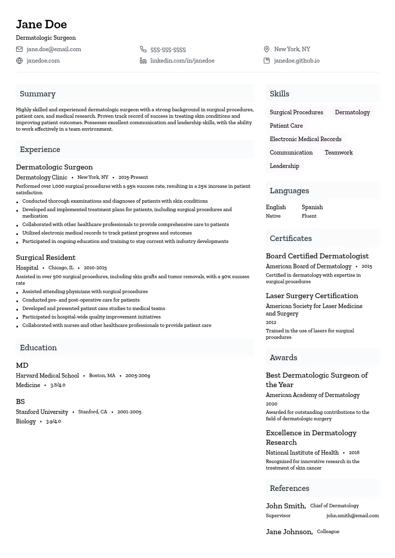 Dermatologic Surgeon resume example