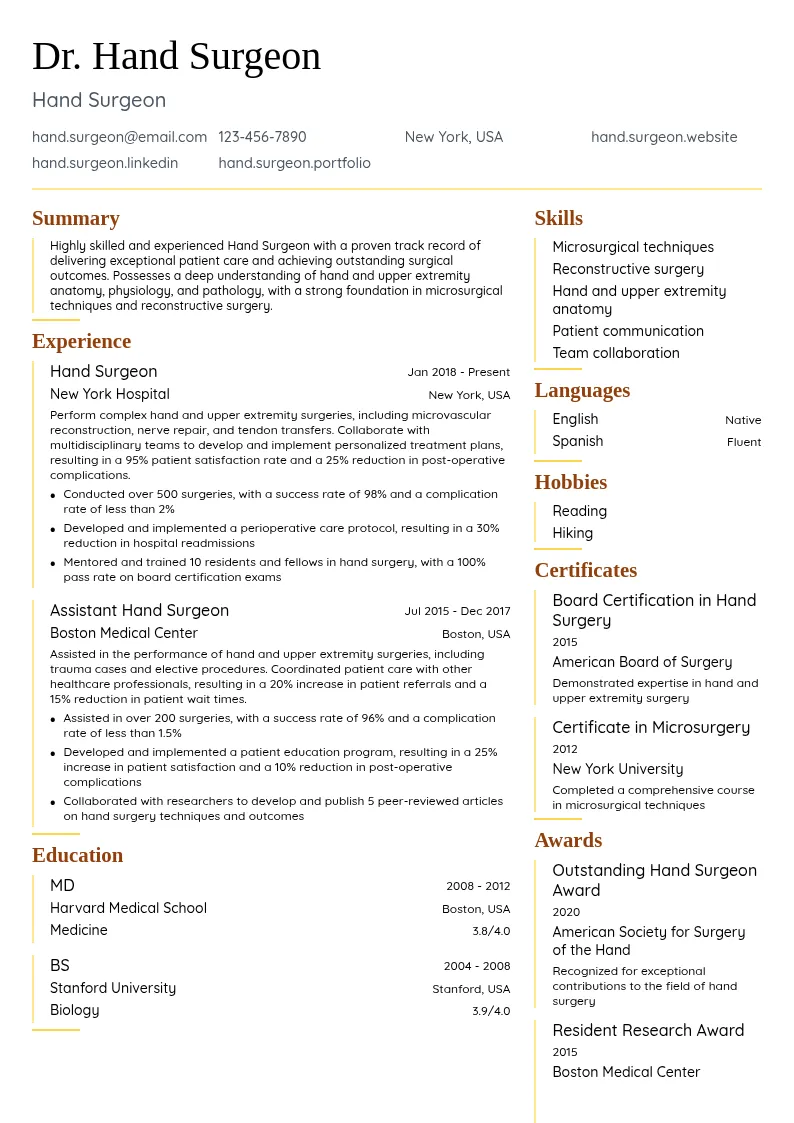 Hand Surgeon resume example
