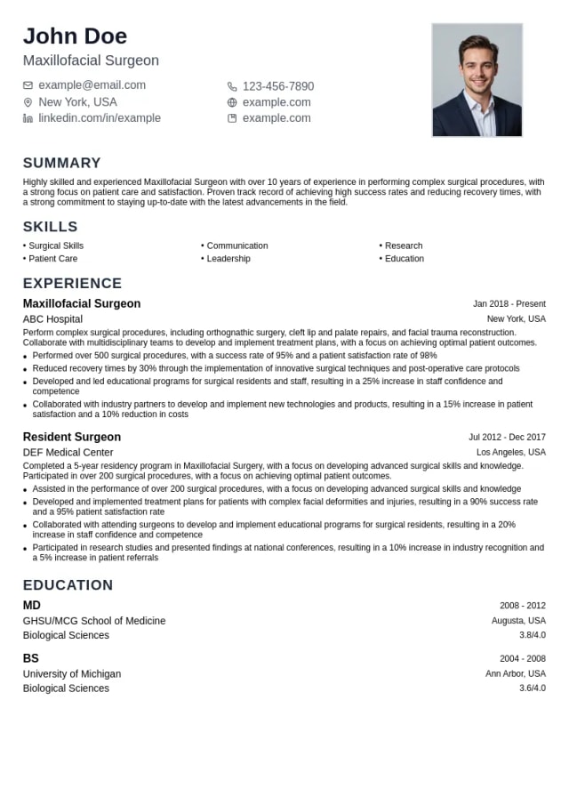 Maxillofacial Surgeon resume example
