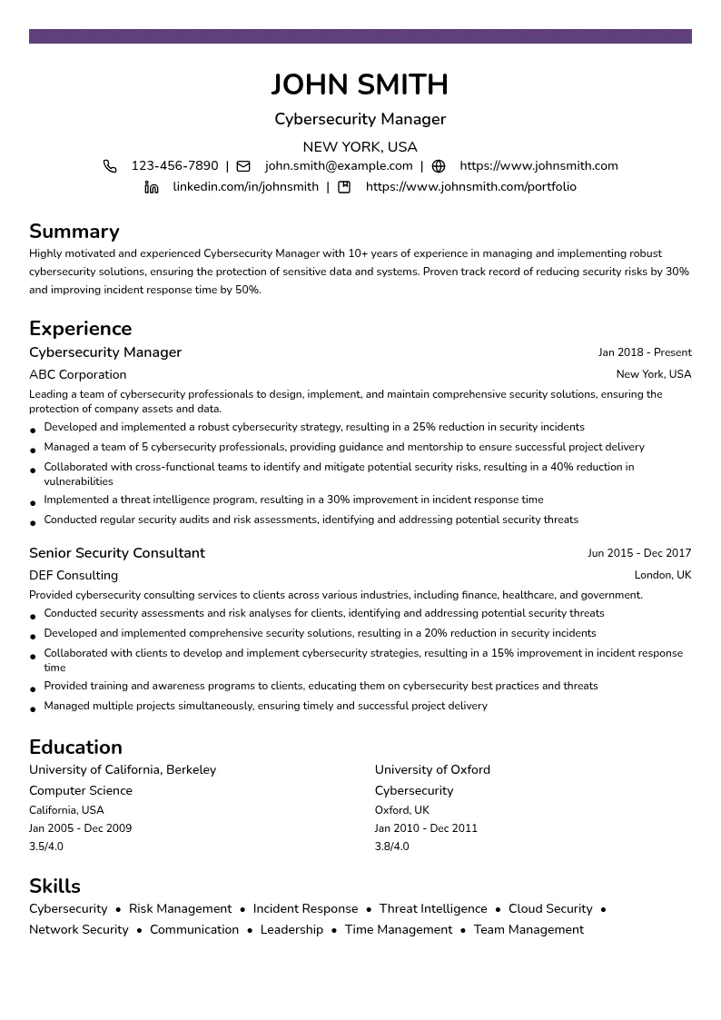 Cybersecurity Manager resume example