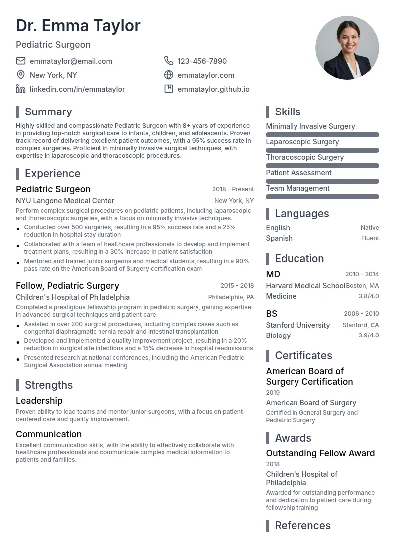 Pediatric Surgeon resume example