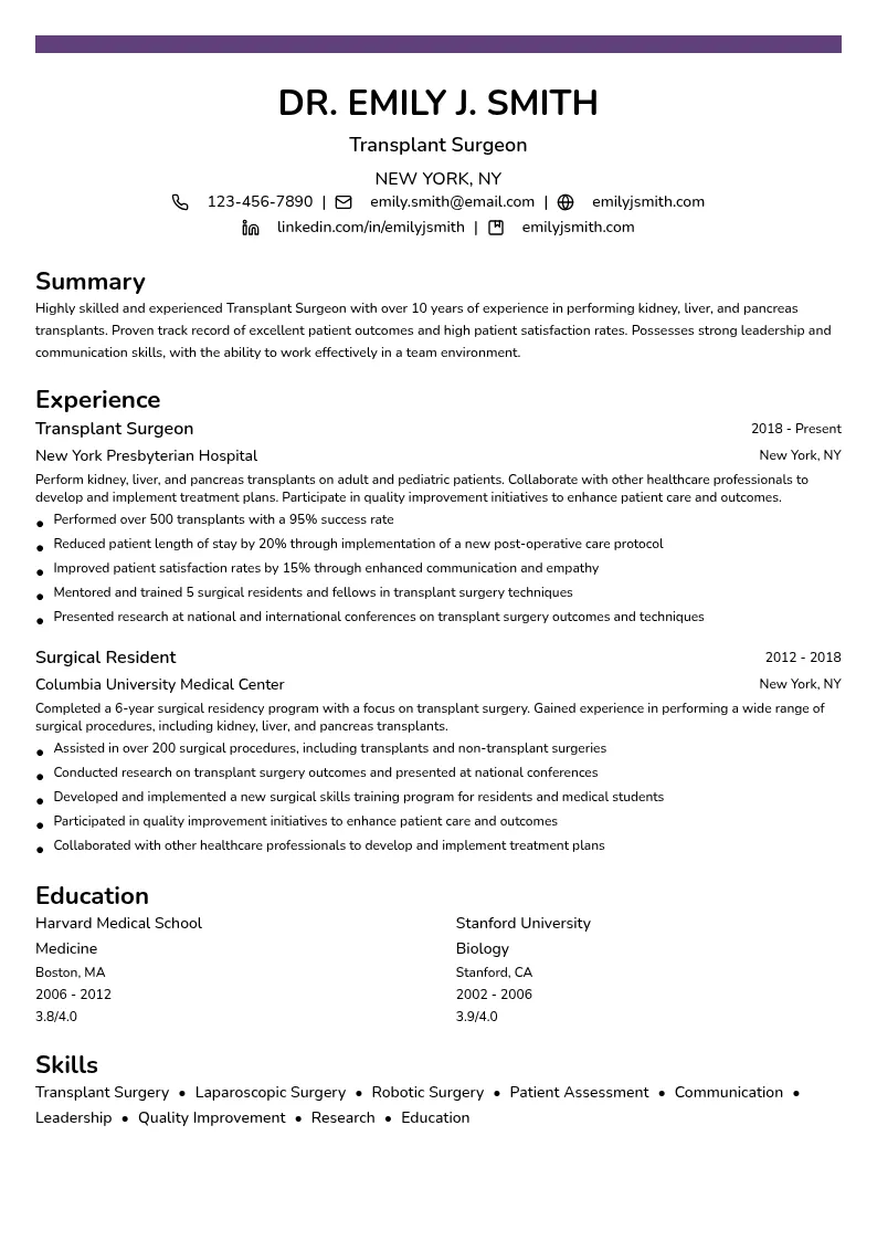 Transplant Surgeon resume example