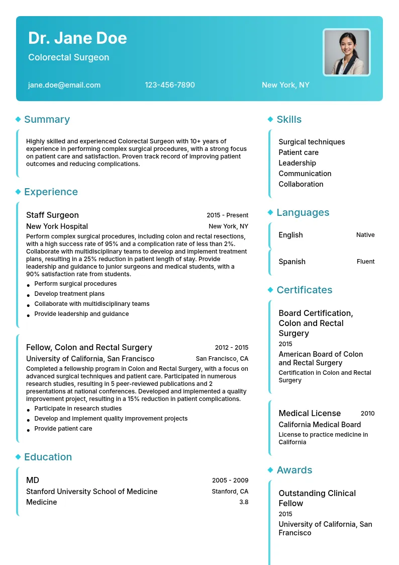 Colorectal Surgeon resume example